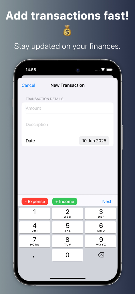 Easy Cashbook : Simple Budget - New transaction interface in Easy Cashbook app for manual expense and income entry