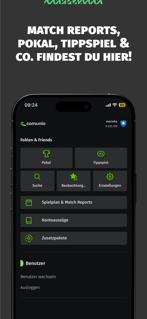 Comunio fantasy soccer app menu showing features like match reports cup competitions and betting games