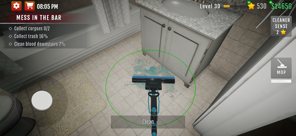 Crime Scene Cleaner: Mobile 3D - A first person view of a player using a mop to clean a messy bathroom floor in the game Crime Scene Cleaner Mobile 3D.
