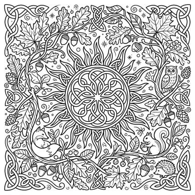 Embrace the beauty of autumn with this intricate coloring page, where a magnificent Celtic sun knot meets a rich woodland scene. Discover detailed fall leaves, acorns, and charming animals nestled within elegant knotwork.
