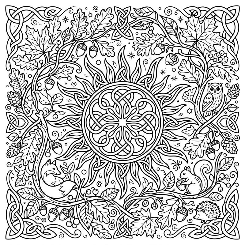 Embrace the beauty of autumn with this intricate coloring page, where a magnificent Celtic sun knot meets a rich woodland scene. Discover detailed fall leaves, acorns, and charming animals nestled within elegant knotwork.
