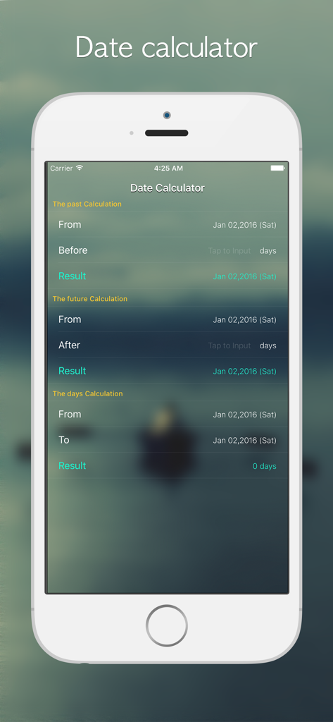 A mobile app interface for the Date Calculator feature showing past and future date calculations.