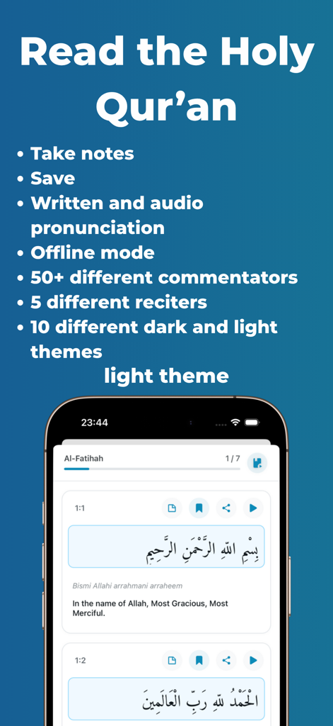 Holy Qur’an: Read - Interface of the Holy Quran Read app showing a verse with English translation in light theme