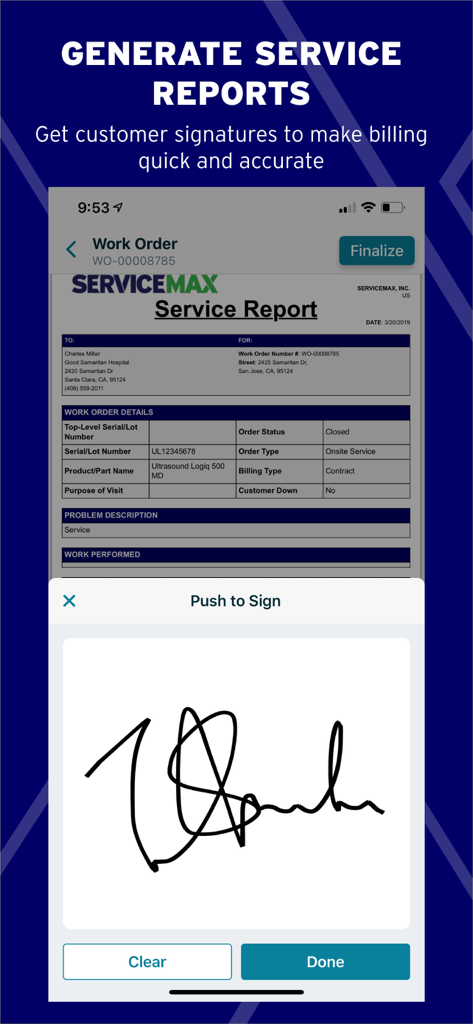 Digital signature capture for service reports in the ServiceMax Go app