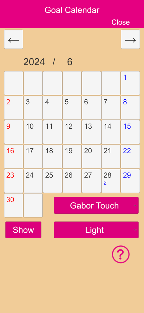 GaborPatchGame - A goal calendar screen in the app tracking daily vision training progress.
