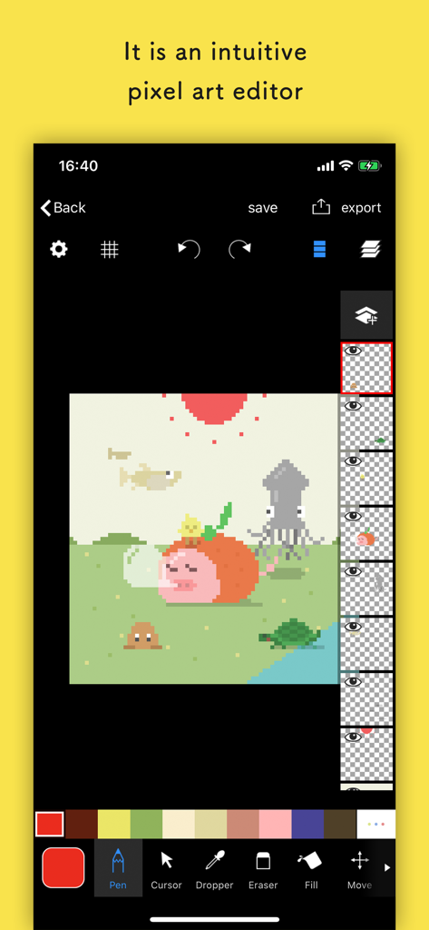 Pixelable - Pixel Art Editor - Pixelable app interface showing a pixel art illustration with layers and drawing tools