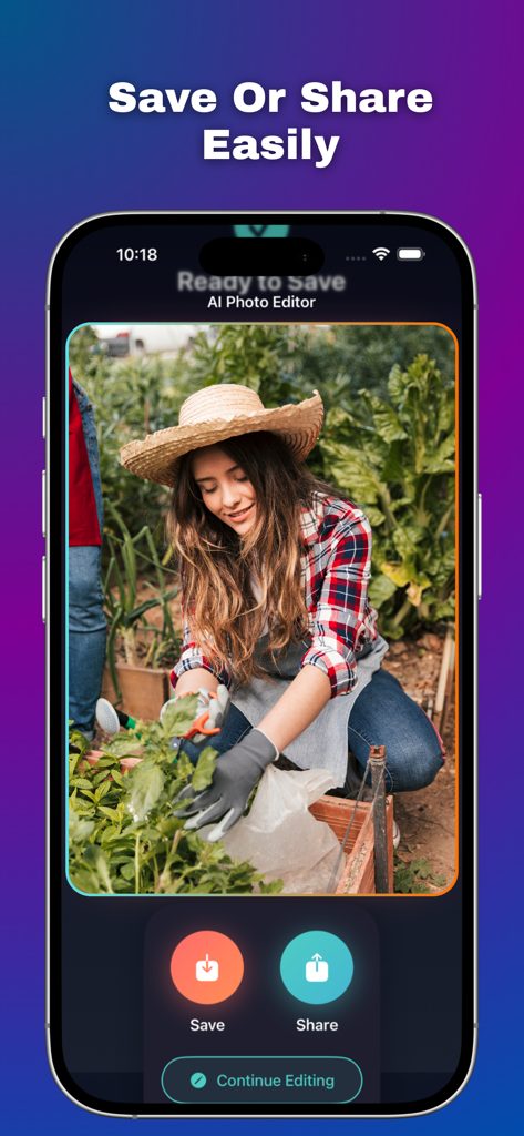 Interface of AI Photo Editor showing options to save or share an edited photo of a woman gardening