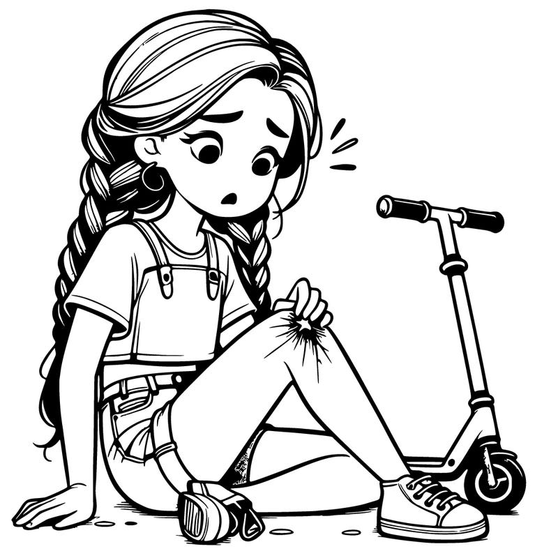 girl with hair in to dutch braids looking down at her scraped knee with a scooter flat on the ground make th girl wearing a crop top and jean shorts