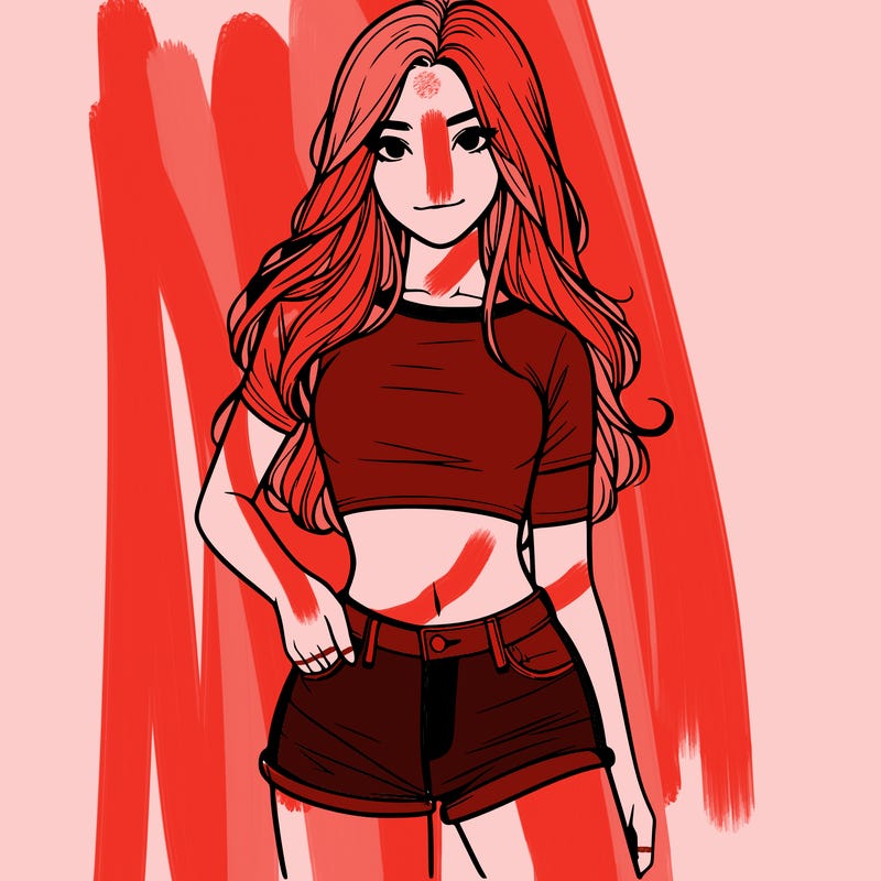 teenage girl with a crop top short shorts and long hair realistic