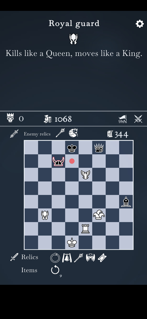 The Ouroboros King - Gameplay screenshot of The Ouroboros King showing a chess board with unique pieces and the Royal Guard move description