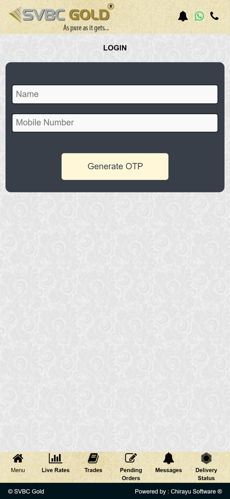 SVBC GOLD app login page showing fields for name and mobile number with a button to generate OTP