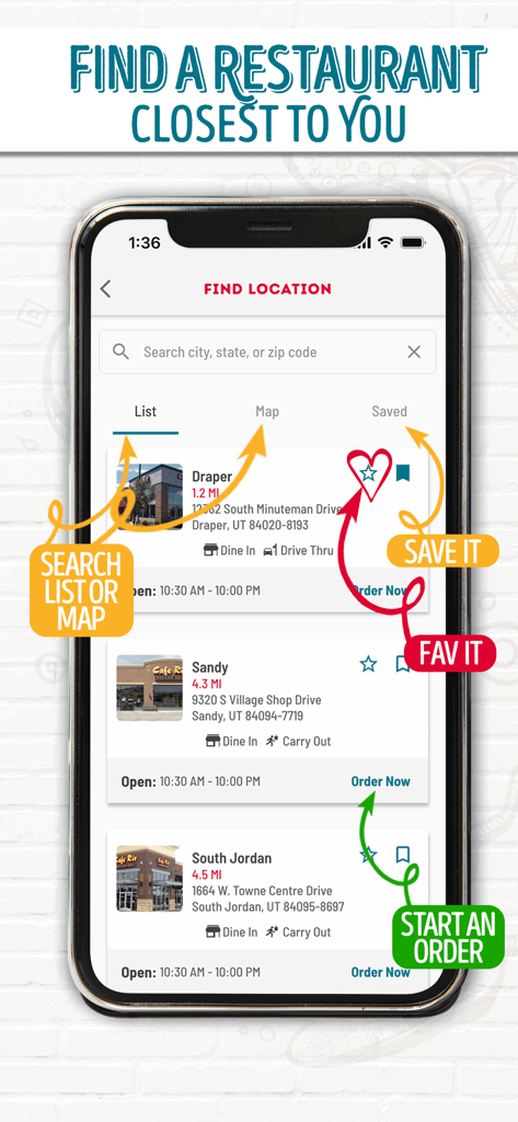 Cafe Rio - Cafe Rio app screen showing nearby restaurant locations with options to search, favorite, and start an order.