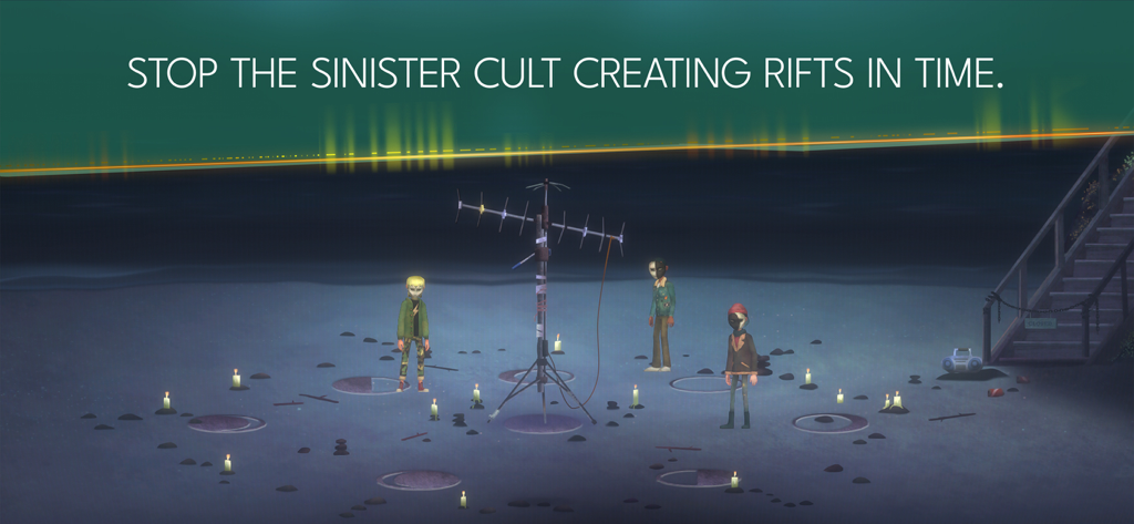 OXENFREE II: Lost Signals - Masked cult members standing around a radio tower on a dark beach with glowing circles and candles.