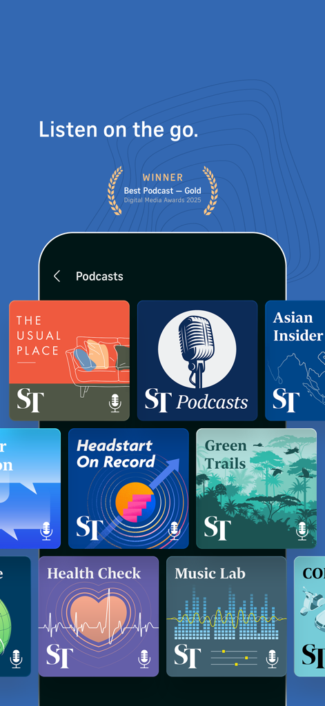 The Straits Times - The Straits Times mobile app podcast menu showing various award winning audio programs