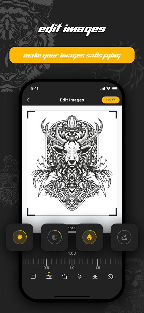 Interfaz de la aplicación móvil FlashToy que muestra un diseño detallado de un tatuaje de ciervo siendo editado con herramientas de ajuste de imagen