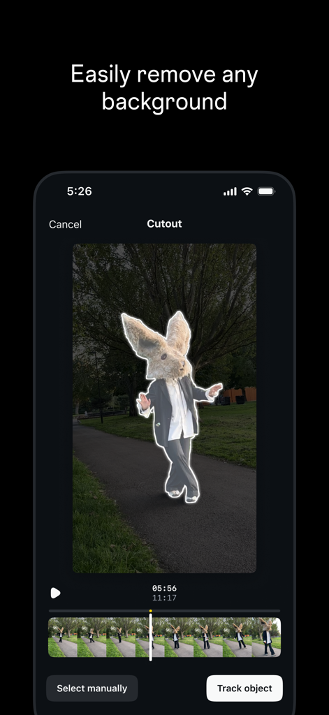 Tela de smartphone mostrando a ferramenta de remoção de fundo no aplicativo de edição de vídeo Edits.