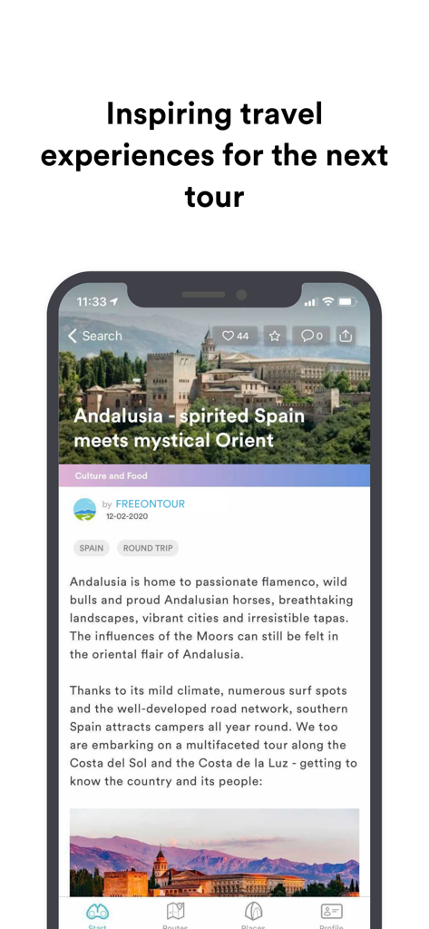 FREEONTOUR Camping App - Ein Smartphone-Bildschirm zeigt einen inspirierenden Wohnmobil-Reisebericht für Andalusien, Spanien, in der Freeontour App