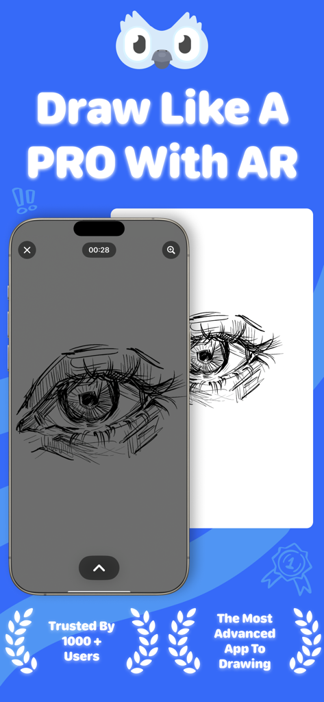 Drawee: AR Drawing - Drawee app interface showing augmented reality feature to trace an eye sketch from a smartphone onto paper.