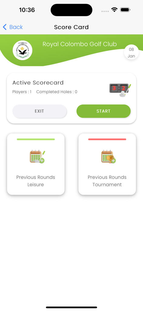 Royal Colombo Golf Club - Digital scorecard interface of the Royal Colombo Golf Club app showing active and previous round history