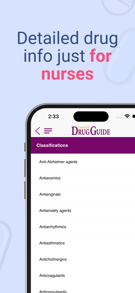 Davis Drug Guide For Nurses - Davis Drug Guide for Nurses app showing a list of medical drug classifications