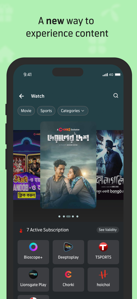 MyGP app entertainment interface showing movie posters and Bengali streaming services like Chorki and Hoichoi