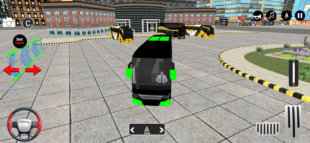 Coach Bus Simulation Games 3D - A 3D bus simulator gameplay scene showing a black coach bus at a city terminal