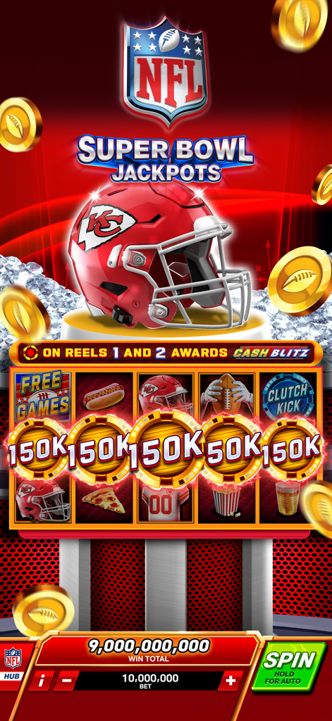 NFL Super Bowl Slots Casino - NFL Super Bowl Slots Casino gameplay showing a Kansas City Chiefs theme and jackpot win