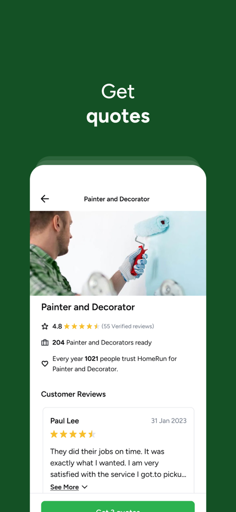 HomeRun - Get Things Done - HomeRun app screen displaying painter and decorator service details with customer reviews and quote request option