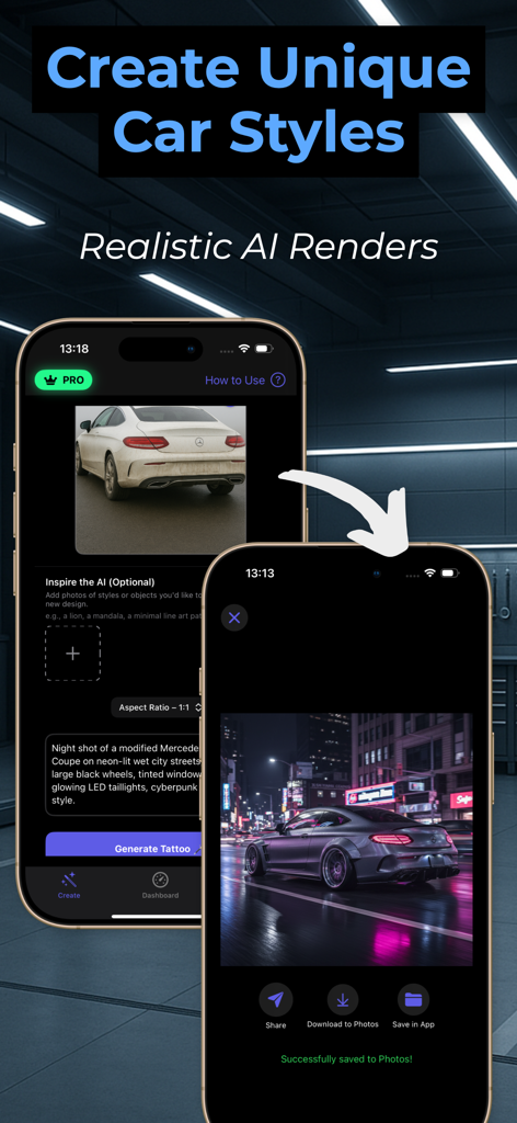 Car Mod & Tuning AI - Paul - Interfaz de la aplicación móvil que muestra la transformación generada por IA de un vehículo de una foto de serie a un render modificado en una ciudad de neón
