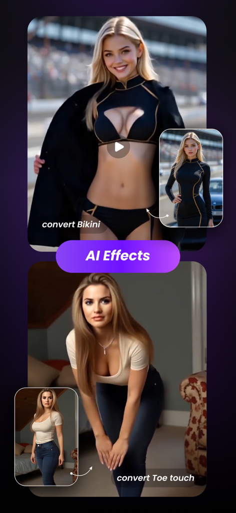 AI Video Generator: TrendVideo - TrendVideo app interface displaying AI effects for transforming photos into cinematic video clips and stylized poses