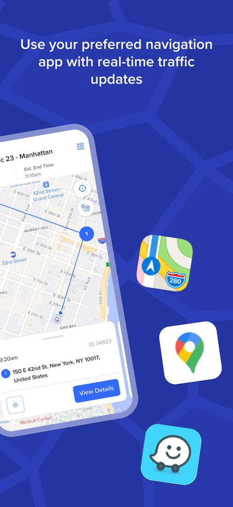Routific - Routific app interface showing integration with Apple Maps Google Maps and Waze for real-time traffic updates during delivery