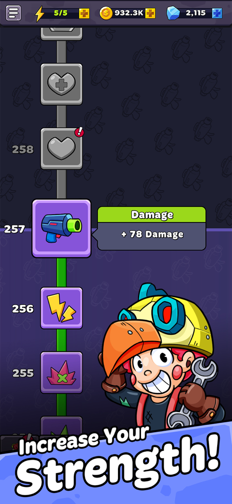 Night Valley - Tower Defense - A quirky character with a wrench next to a skill progression track showing a damage increase in Night Valley Tower Defense.