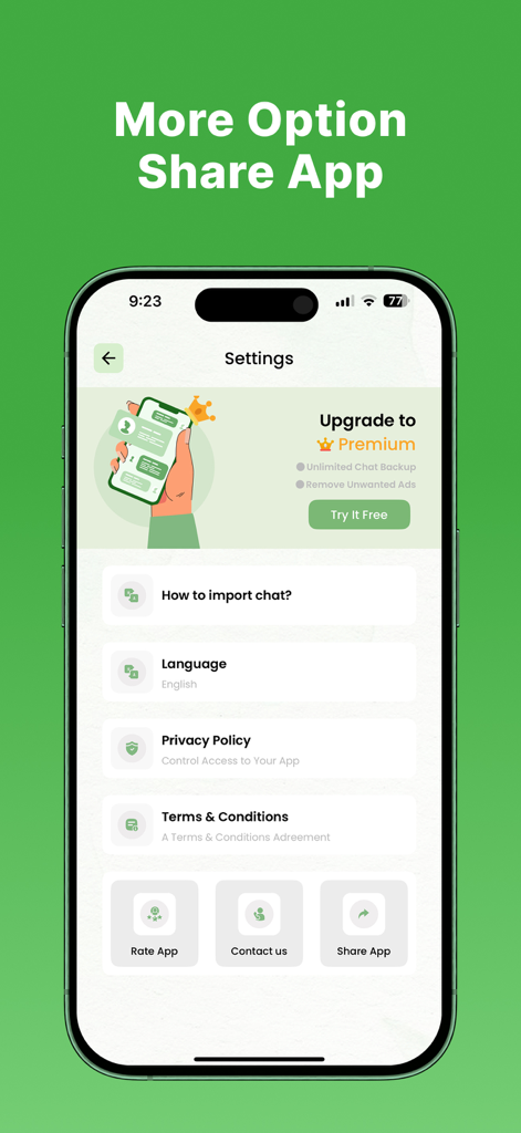 Pantalla de configuración de la aplicación Recover Chat Deleted Messages mostrando opciones de mejora premium y políticas de la aplicación.