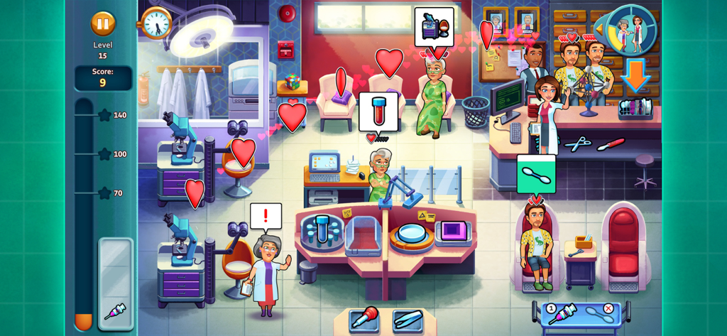 Heart's Medicine Hospital Heat - Captura de pantalla del juego de Doctor Allison gestionando pacientes y equipos en el Hospital Heart's Medicine