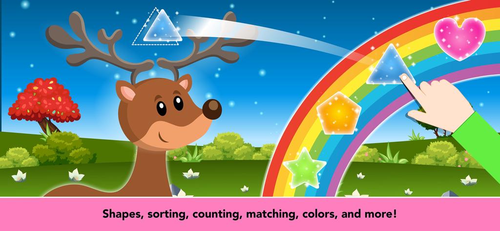 123 Bubble Kids Learning Games - Toddler learning game showing shape matching with a reindeer and rainbow