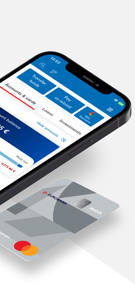 Eurobank Mobile App - Interfaccia dell'app bancaria mobile Eurobank su uno smartphone con una carta di debito