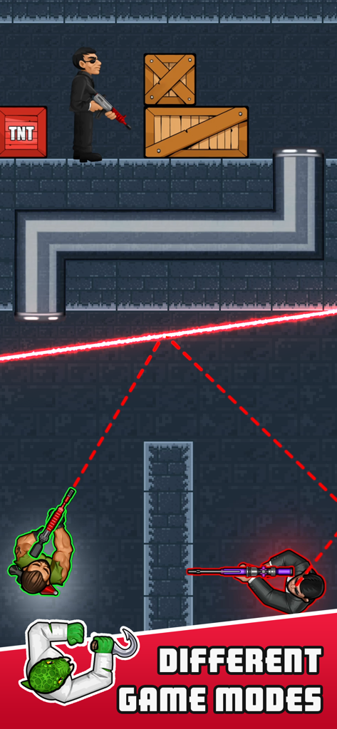 Hunter Assassin - Eine Draufsicht des Gameplays von Hunter Assassin mit verschiedenen Charakteren, Laserfallen und Wachen mit dem Text Unterschiedliche Spielmodi.