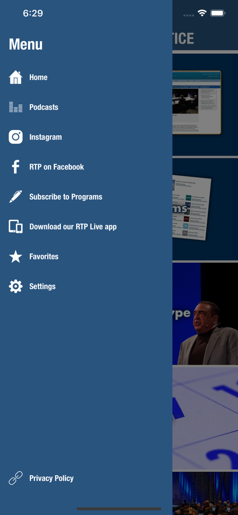 Navigationsmenü der Oncology-App Research To Practice, das Links zu Podcast-Programmen und Favoriten zeigt