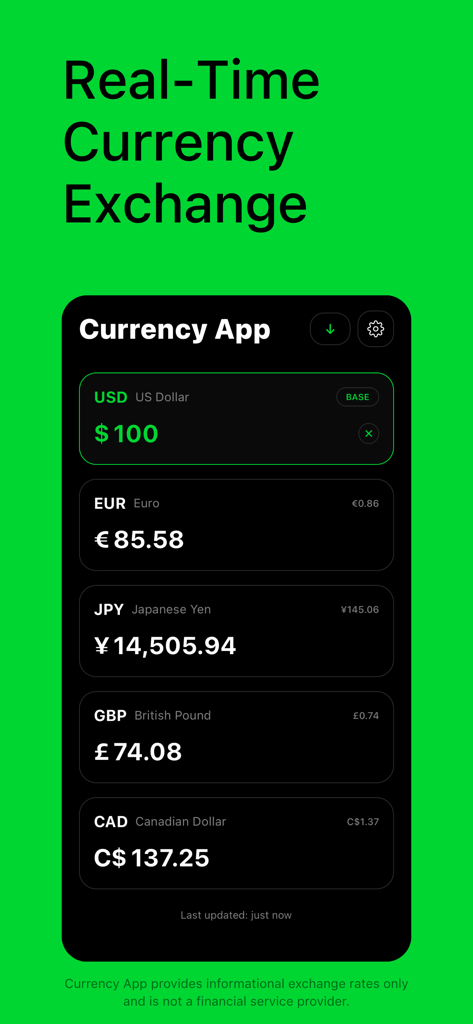 Interface of the Currency App showing real-time exchange rates for USD, EUR, JPY, GBP, and CAD in a clean dark mode design.