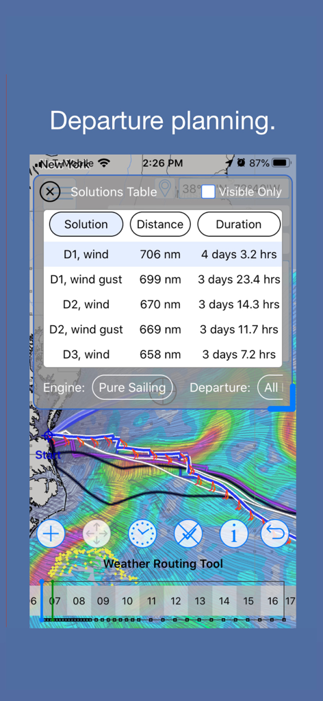 LuckGrib - LuckGrib departure planning interface showing a solutions table with distance and duration for various sailing routes on a weather map