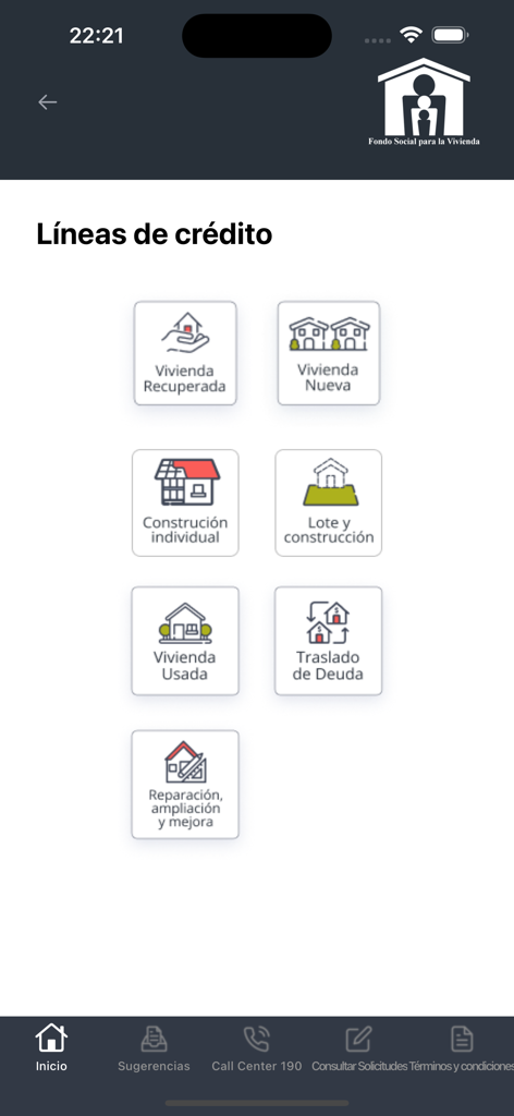FSV APP-Bildschirm, der Optionen für Wohnkredite wie neue Häuser, gebrauchte Häuser und Hausverbesserungen anzeigt