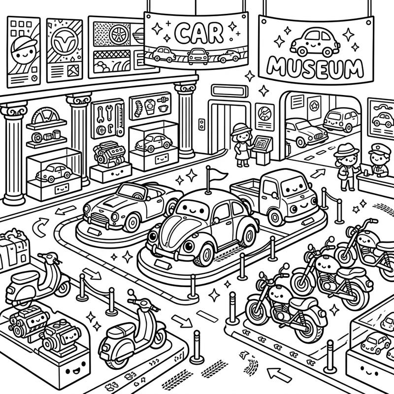 Step into a whimsical world of wheels with our Kawaii Automotive Museum coloring page. Discover an adorable collection of cars, bikes, and engines, all ready for your creative touch.