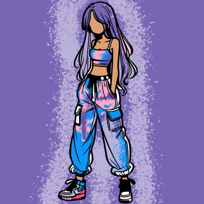 girl in baggy pants crop top and long hair