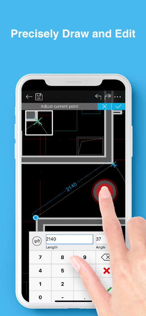 Edición precisa de planos CAD arquitectónicos en un smartphone con DWG FastView Pro.