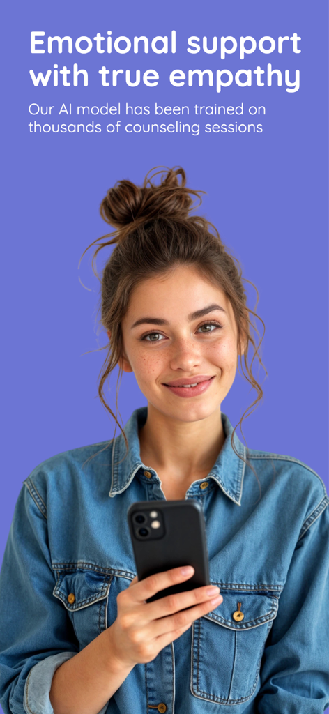 Serena: AI Emotional Support - A young woman smiling while using the Serena AI app for emotional support on her smartphone