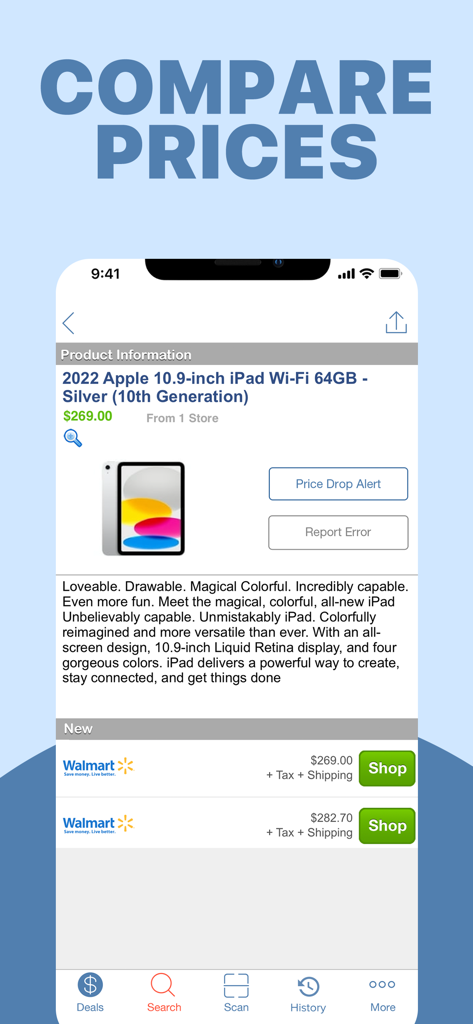 BuyVia Price Comparison - BuyVia app interface showing price comparison and shopping options for an Apple iPad
