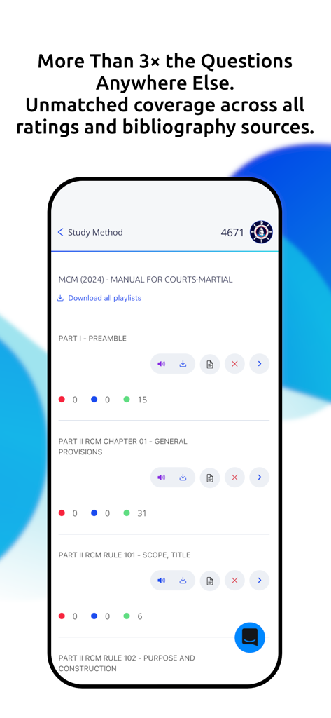 Bluejacketeer - Bluejacketeer app interface showing comprehensive study materials for the Navy Manual for Courts-Martial.