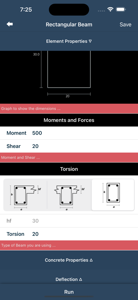 Interfaz de la aplicación Viga Rectangular que muestra las entradas de cálculo estructural para momentos, cortante y torsión