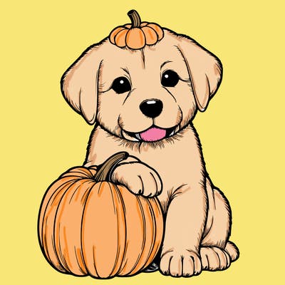 a realistic puppywith a pumpkin on his head