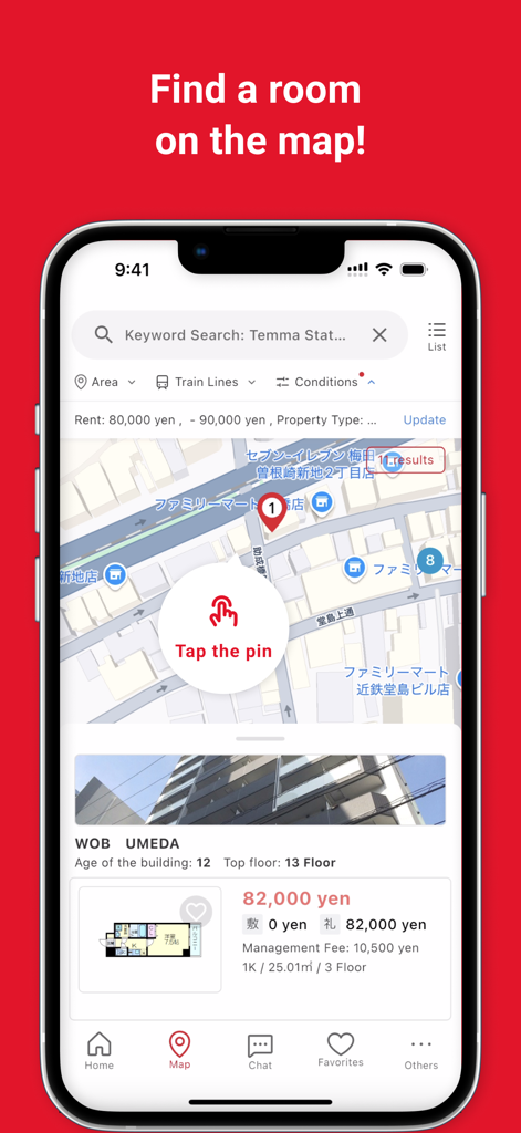Map search interface of Best Estate app showing rental property listings in Japan